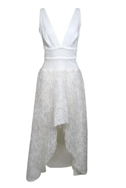 BCBG Max Azria - White Sleeveless w/ Metallic Fringe High Low Formal Dress Sz 8