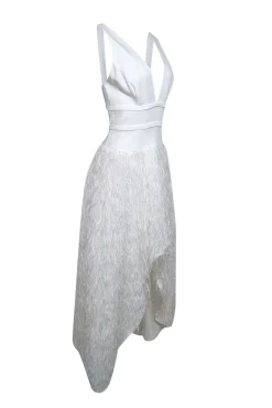 BCBG Max Azria - White Sleeveless w/ Metallic Fringe High Low Formal Dress Sz 8