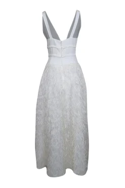 BCBG Max Azria - White Sleeveless w/ Metallic Fringe High Low Formal Dress Sz 8