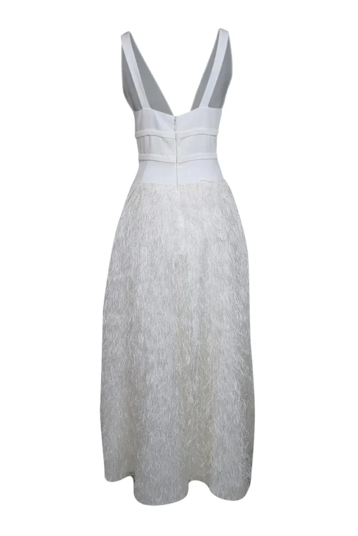 BCBG Max Azria - White Sleeveless w/ Metallic Fringe High Low Formal Dress Sz 8