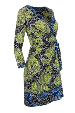 BCBG Max Azria - Yellow, Black & Blue Tropical Floral Print Wrap Dress Sz XS