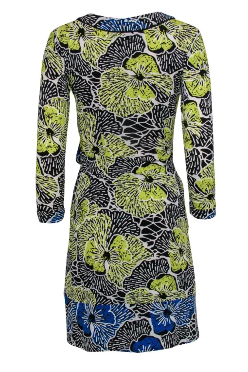 BCBG Max Azria - Yellow, Black & Blue Tropical Floral Print Wrap Dress Sz XS