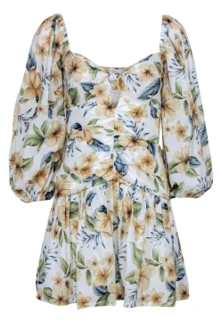 Bec & Bridge - White Floral Print Puff Sleeve “Fleurette” Drop Waist Dress Sz 4