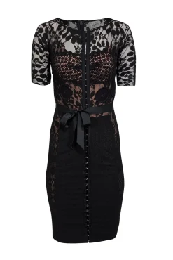 Beguile by Byron Lars - Black Lace Short Sleeve Sheath Dress Sz S