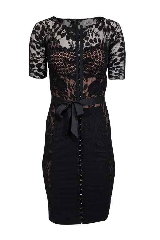 Beguile by Byron Lars - Black Lace Short Sleeve Sheath Dress Sz S