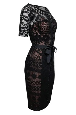 Beguile by Byron Lars - Black Lace Short Sleeve Sheath Dress Sz S