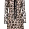 Betsey Johnson - Beige & Black Floral Embroidered Long Sleeve Shift Dress Sz 6