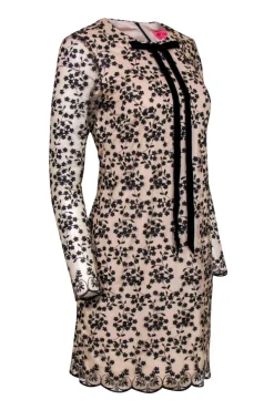 Betsey Johnson - Beige & Black Floral Embroidered Long Sleeve Shift Dress Sz 6