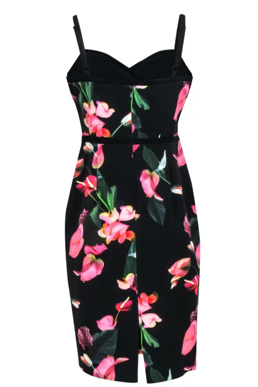 Black Halo - Black & Pink Floral Print Dress w/ Piping Sz 12