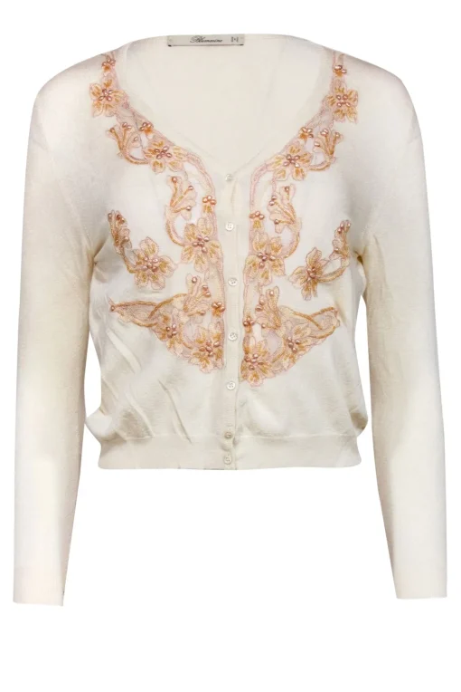 Bluemarine - Cream w/ Pink Floral Embroidery & Pearl Detailed Cardigan Sz S