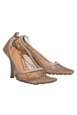 Bottega Veneta - Nude Mesh Heels w/ Gold Ankle Strap Sz 7