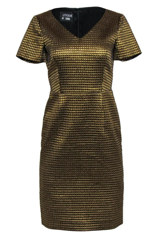 Boutique Moschino - Gold Short Sleeve Geo Print V-Neck Dress Sz 6