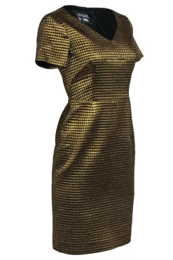 Boutique Moschino - Gold Short Sleeve Geo Print V-Neck Dress Sz 6