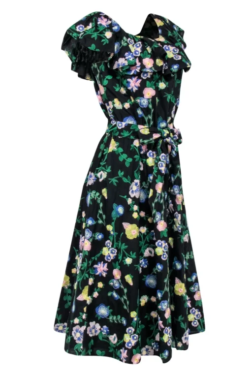 Brooks Brothers - Black Off-the-Shoulder Midi Dress w/ Floral Embroidery Sz 4