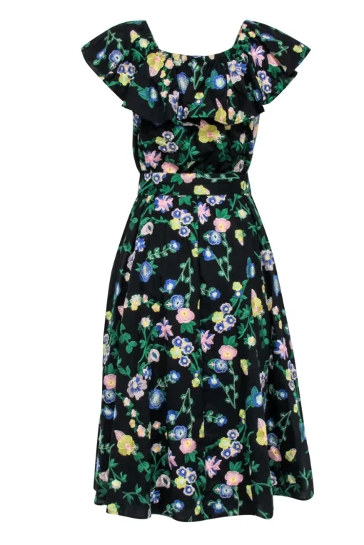 Brooks Brothers - Black Off-the-Shoulder Midi Dress w/ Floral Embroidery Sz 4