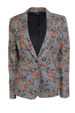 Brooks Brothers - Brown, Black & Blue Houndstooth w/ Red Embroidered Roses Blazer Sz 12