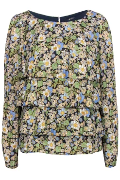 Brooks Brothers - Green, Blue & White Floral Print Silk Tiered Blouse Sz 8