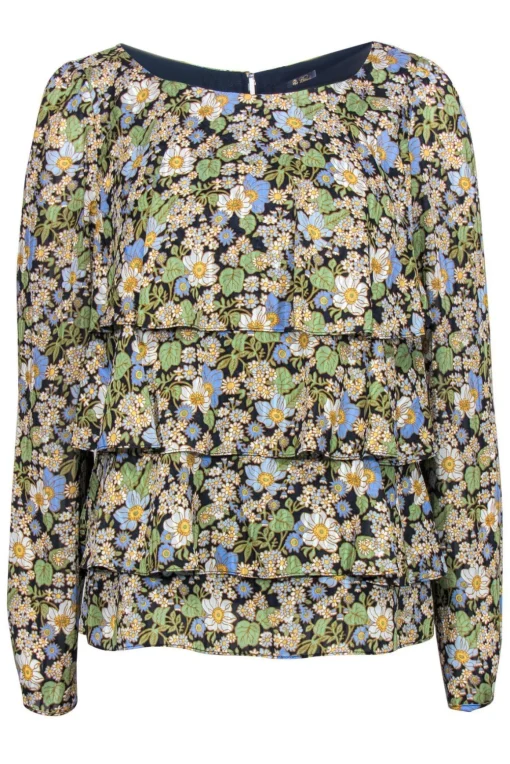 Brooks Brothers - Green, Blue & White Floral Print Silk Tiered Blouse Sz 8