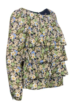 Brooks Brothers - Green, Blue & White Floral Print Silk Tiered Blouse Sz 8