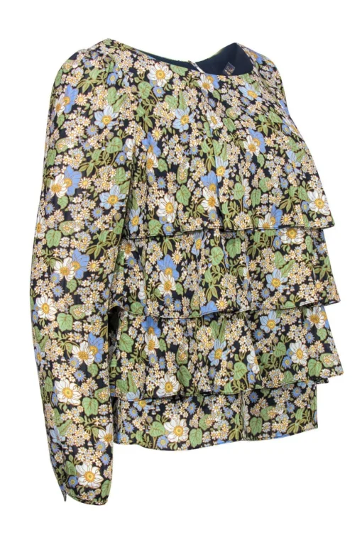 Brooks Brothers - Green, Blue & White Floral Print Silk Tiered Blouse Sz 8