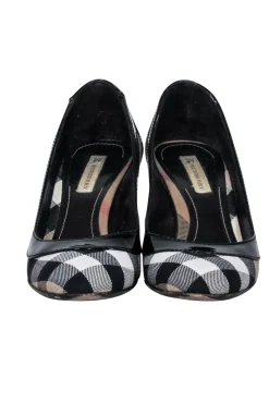 Burberry - Black, White, & Beige Plaid w/ Patent Leather Trim Detail Heels Sz 7