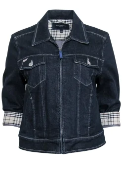 Burberry - Dark Wash Denim Jacket w/ Plaid Cuffs Sz 10