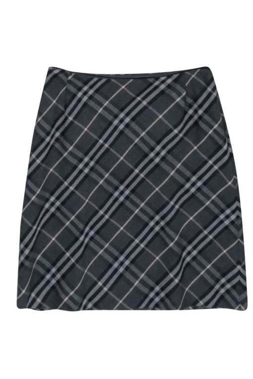 Burberry - Grey & Black Plaid Wool Midi Skirt Sz 6