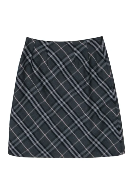 Burberry - Grey & Black Plaid Wool Midi Skirt Sz 6