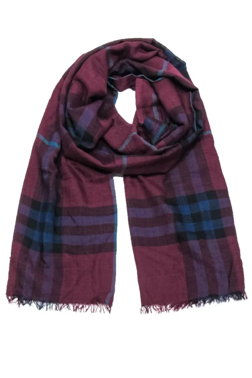 Burberry - Maroon, Navy & Teal Plaid Lightweight Scarf w/ Eyelash Fringe