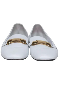 Burberry - White Leather Loafers w/ Gold Buckle Sz 8