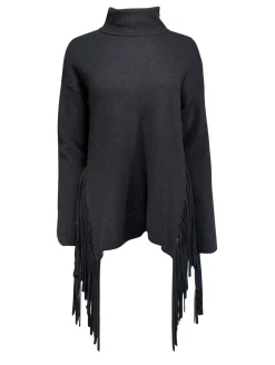 C By Bloomingdale's - Black Cashmere Turtleneck Sweater w/ Fringe Sz S