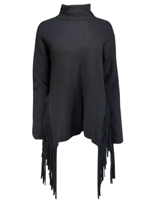 C By Bloomingdale's - Black Cashmere Turtleneck Sweater w/ Fringe Sz S