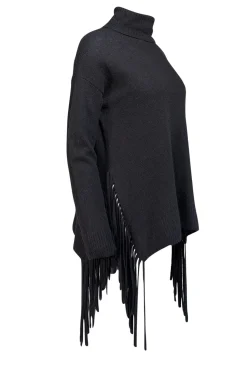 C By Bloomingdale's - Black Cashmere Turtleneck Sweater w/ Fringe Sz S