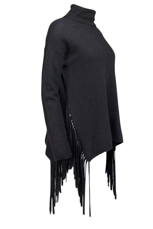 C By Bloomingdale's - Black Cashmere Turtleneck Sweater w/ Fringe Sz S