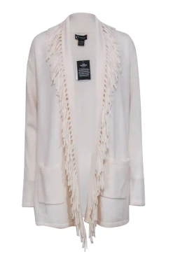 C By Bloomingdale's Cashmere - Cream Cashmere Fringe Trim Cardigan Sz L
