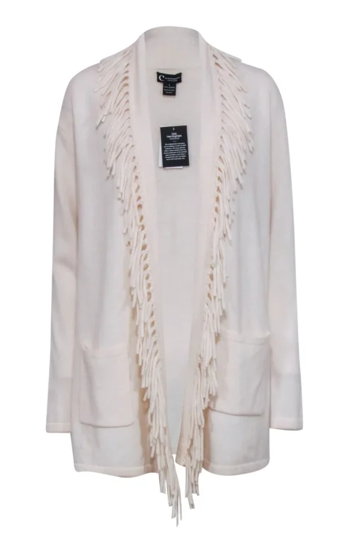 C By Bloomingdale's Cashmere - Cream Cashmere Fringe Trim Cardigan Sz L