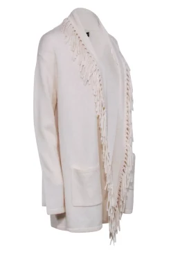 C By Bloomingdale's Cashmere - Cream Cashmere Fringe Trim Cardigan Sz L