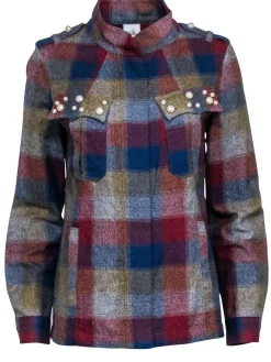Cabi - Maroon, Green, & Blue Plaid Print Jacket w/ Pearl Accent Sz M