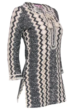 Calypso - Beige & Black Knit Lace-Up Long Sleeve "Romilly" Tunic Sz S
