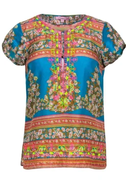 Calypso - Blue & Multicolor Floral Print Metallic Embroidered Silk Blouse Sz XS