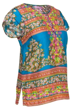Calypso - Blue & Multicolor Floral Print Metallic Embroidered Silk Blouse Sz XS