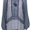 Calypso - Blue Patterned Silk Tunic-Style Blouse w/ Embroidery Sz S
