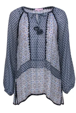 Calypso - Blue Patterned Silk Tunic-Style Blouse w/ Embroidery Sz S