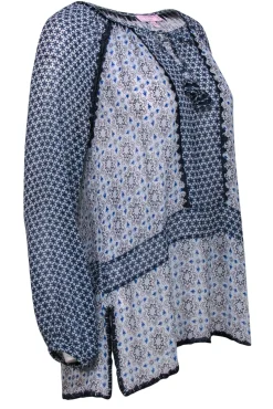 Calypso - Blue Patterned Silk Tunic-Style Blouse w/ Embroidery Sz S