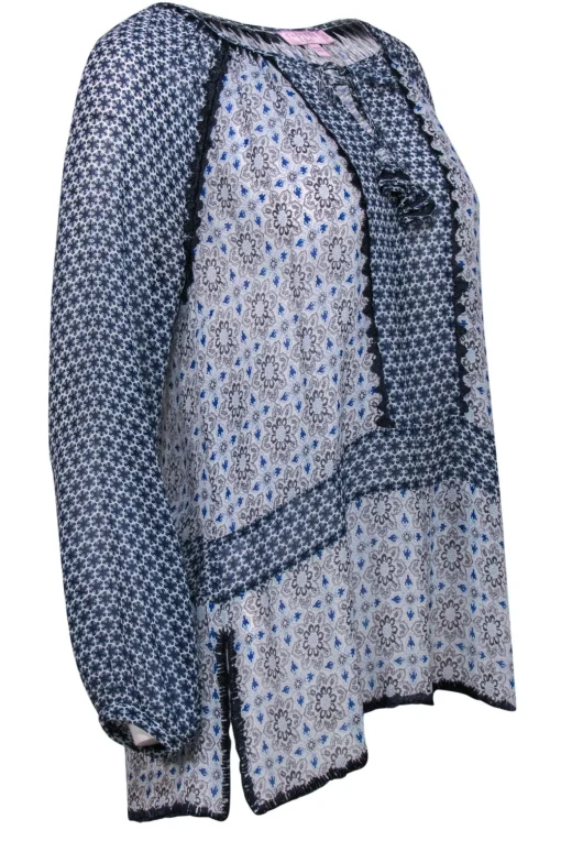 Calypso - Blue Patterned Silk Tunic-Style Blouse w/ Embroidery Sz S
