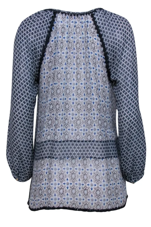 Calypso - Blue Patterned Silk Tunic-Style Blouse w/ Embroidery Sz S