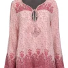 Calypso - Light Pink, Mauve, & Coral Floral Print Silk Tunic Top M
