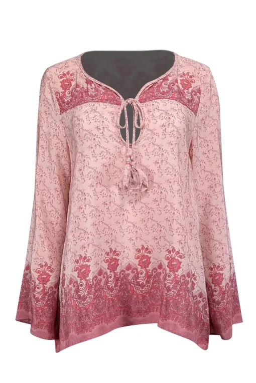 Calypso - Light Pink, Mauve, & Coral Floral Print Silk Tunic Top M