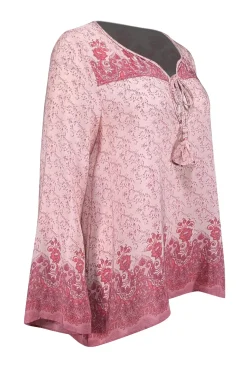 Calypso - Light Pink, Mauve, & Coral Floral Print Silk Tunic Top M
