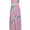 Calypso - Pink & Green Floral Maxi Dress w/ Eyelet Neckline Sz S